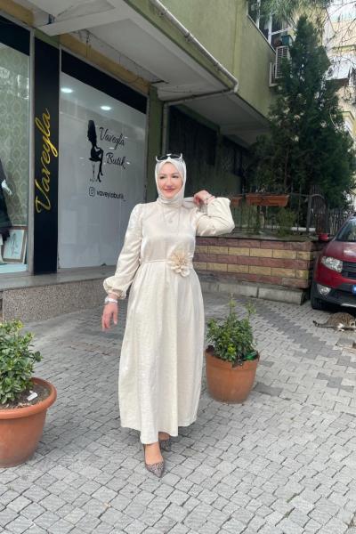 Tafta kumaş elbıse Ekru
