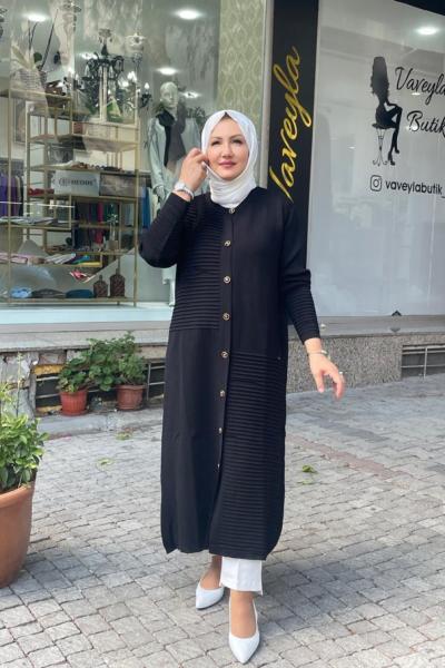 Tam boy nervur detaylı hırka Siyah