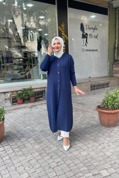 Tam boy nervur detaylı hırka Lacivert