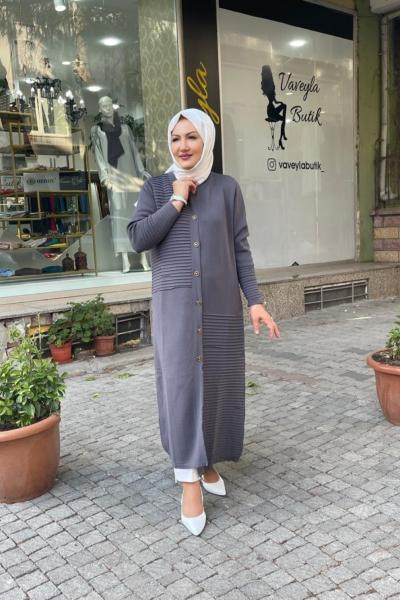 Tam boy nervur detaylı hırka Gri