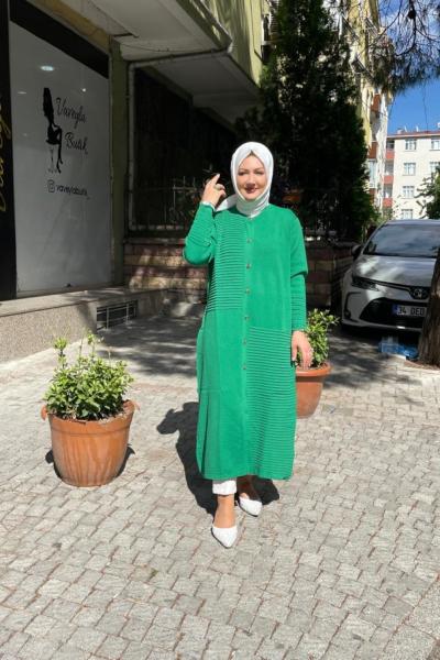 Tam boy nervur detaylı hırka Yeşil