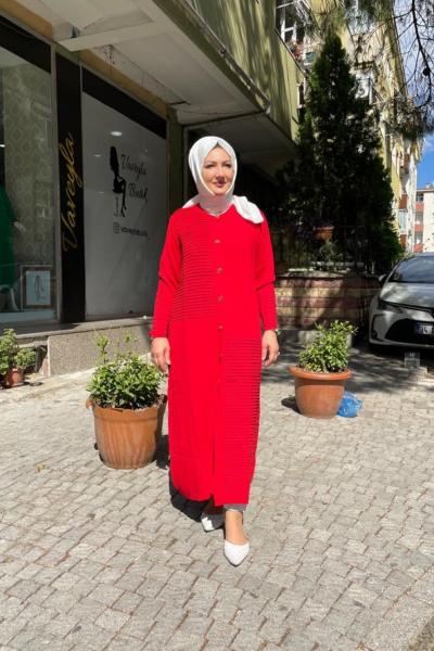 Tam boy nervur detaylı hırka Kırmızı