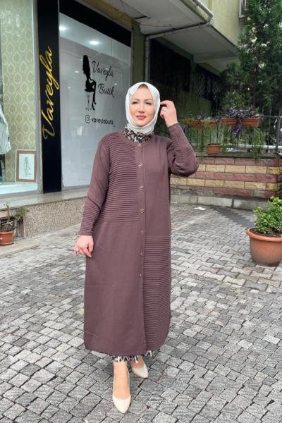 Tam boy nervur detaylı hırka Kahverengi