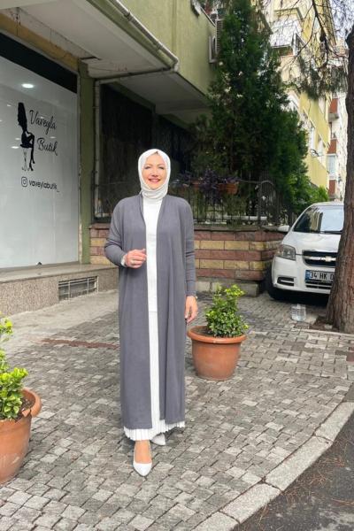 Tam boy örme hırka  Gri