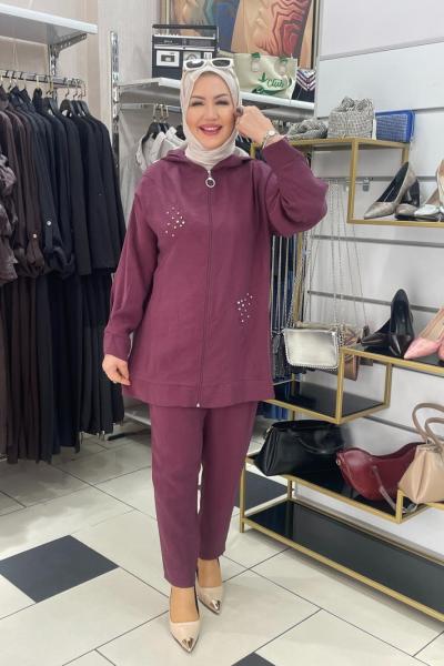 Taş baskılı pantolonlu takım Mürdüm