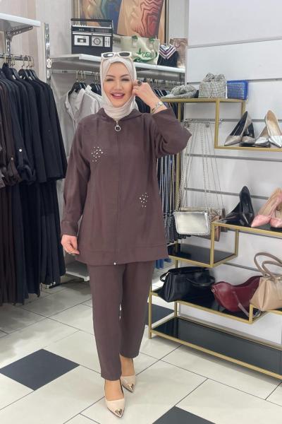 Taş baskılı pantolonlu takım Kahverengi