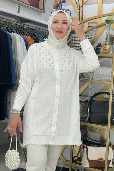 Taş detayli dantellı hırha Krem