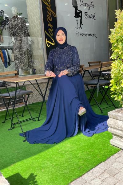 Taş detayli abiye  Lacivert Yaprak