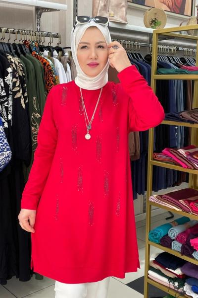 Taş detaylı elbıse Kırmızı