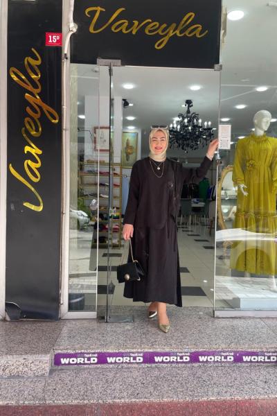 Taş işlemeli etekli takım Siyah