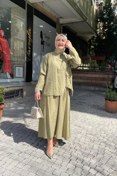 Taş işlemeli etekli takım Yağ Yeşili