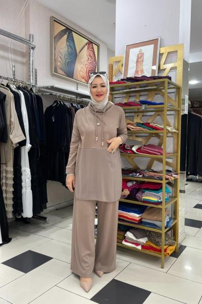 Tek cepli şifon kopşonlu celık takım Vizon