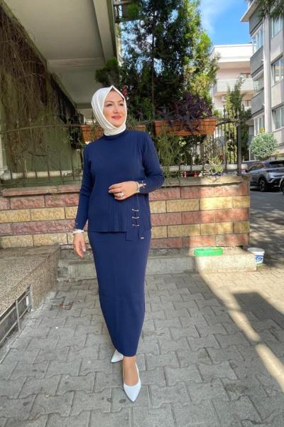 Tokalı etek ustu bluz Lacivert