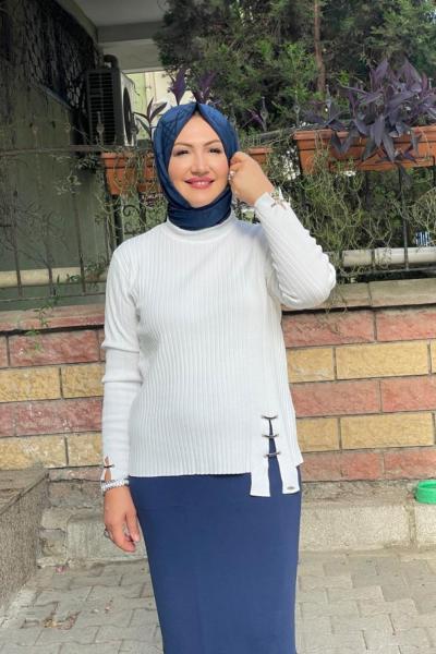 Tokalı etek ustu bluz Beyaz