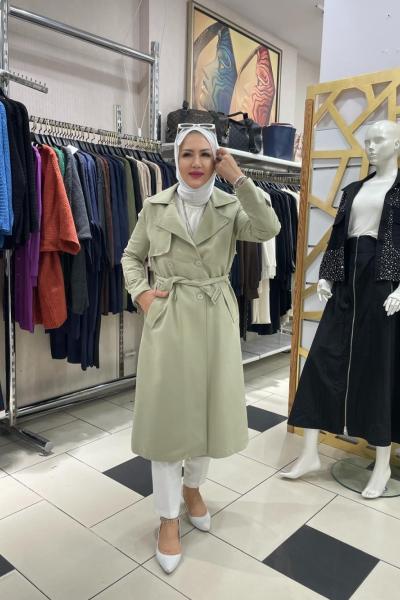 Trençkot kemerli dügmeli Su Yeşili