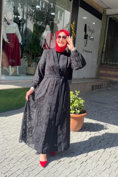 Tül detaylı abaya Anadolu Siyahı