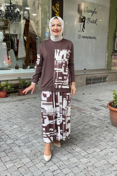 Tuniği çelik eteği kraşlı desenli saten Kahverengi