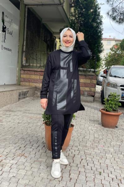 Tuniği ve pantolonu deri detayli çelik pantolonlu  takım Siyah