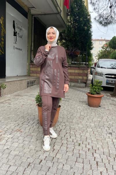 Tuniği ve pantolonu deri detayli çelik pantolonlu  takım Kahverengi