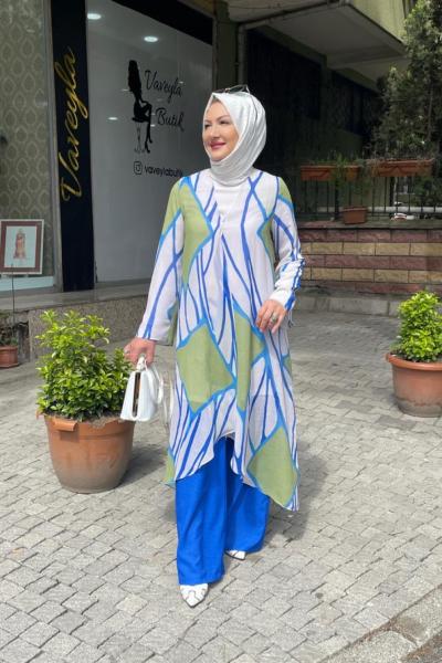 üstü şifon üçlü pantolonlu takım/ 1 ve 4/ Gök Mavi