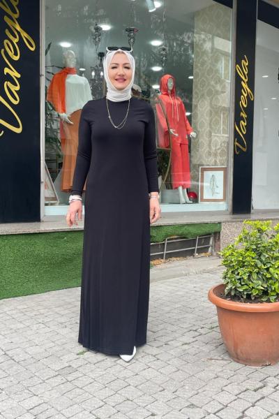 Uzun kollu bambu elbise Siyah