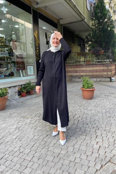 Uzun önden dügmeli hırka Siyah