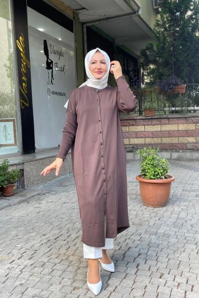 Uzun önden dügmeli hırka Acı Kahve