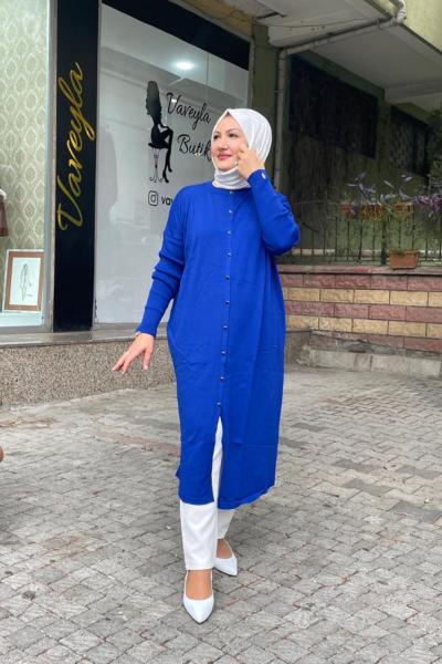 Uzun önden dügmeli hırka Saks Mavisi