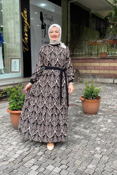 Vıskon pamuklu şal desenlı elbıse Siyah
