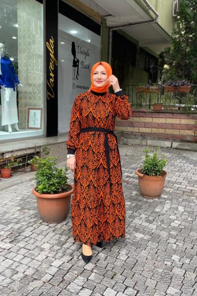 Vıskon pamuklu şal desenlı elbıse Turuncu
