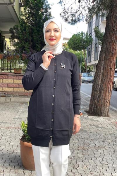 Yaka ineli kısa hırka Siyah