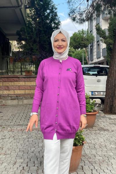 Yaka ineli kısa hırka Mor