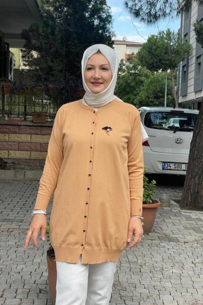 Yaka ineli kısa hırka Bej