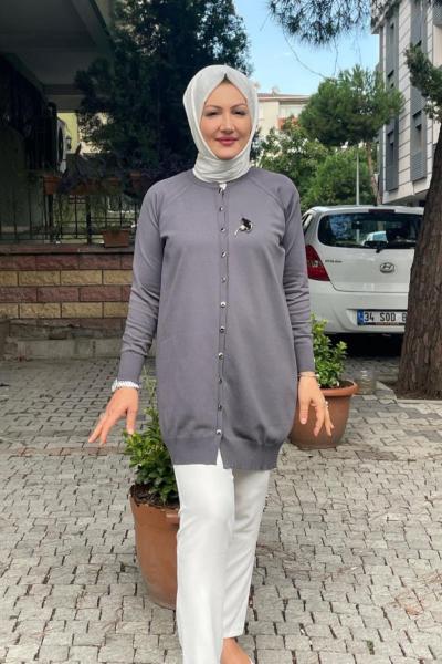 Yaka ineli kısa hırka Füme