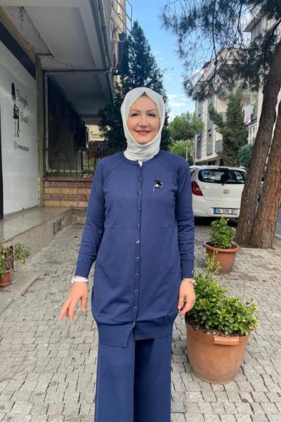 Yaka ineli kısa hırka Lacivert