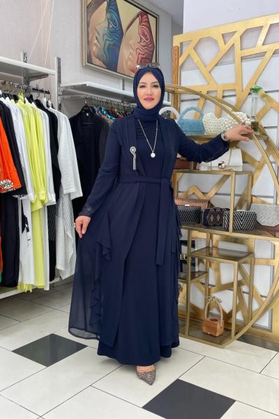 Yaka ineli etek ucu fır fırlı abaya Lacivert