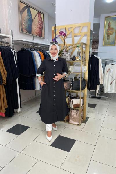 Yaka ve kolları desenli gomlek tunık Anadolu Siyahı