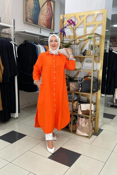 Yaka ve kolları desenli gomlek tunık Turuncu