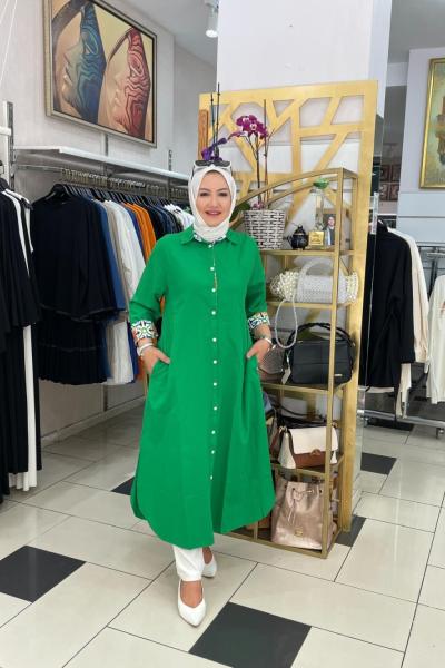 Yaka ve kolları desenli gomlek tunık Yeşil