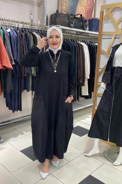 Yakalı fermuar detaylı elbıse Siyah