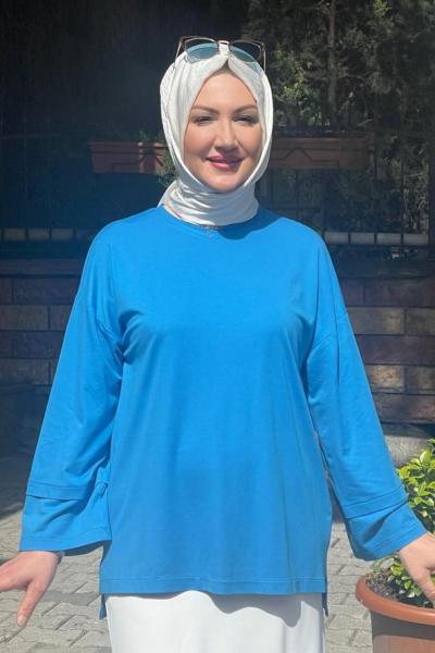 Yakası boncuk aksesuarlı banbu tunik Mavi