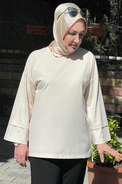 Yakası boncuk aksesuarlı banbu tunik Krem
