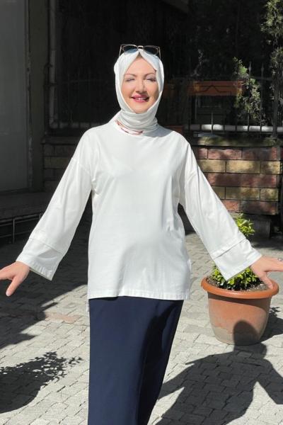 Yakası boncuk aksesuarlı banbu tunik Beyaz