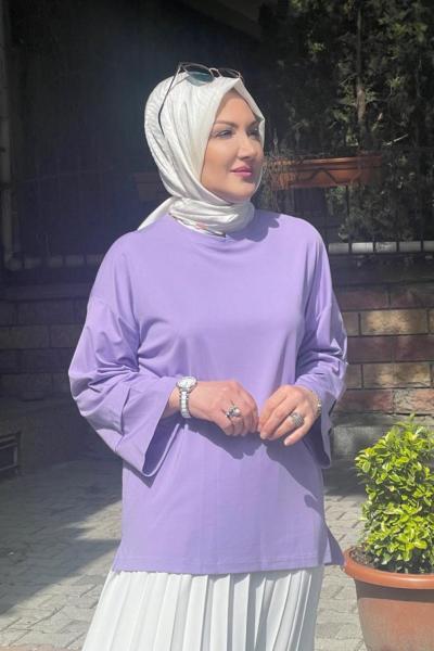 Yakası boncuk aksesuarlı banbu tunik Lila