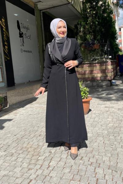 Yakası saten omuzu taş işlemeli ceket abıye Anadolu Siyahı