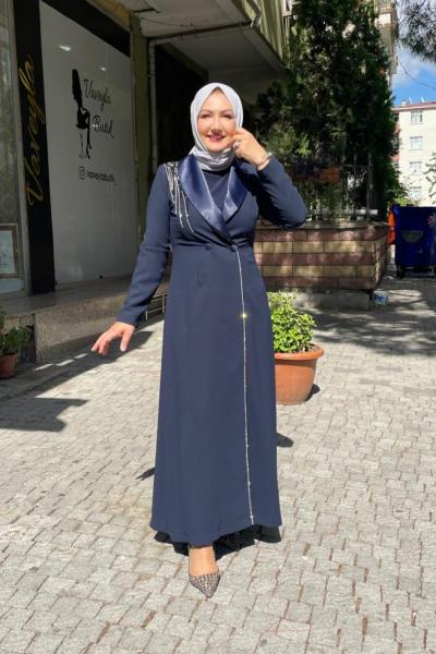 Yakası saten omuzu taş işlemeli ceket abıye Lacivert