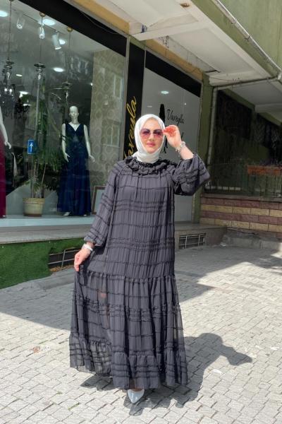 Yakası saten balon kol elbıse Siyah