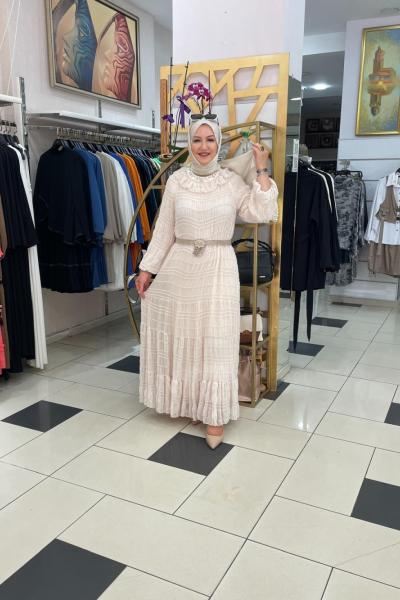 Yakası saten balon kol elbıse Bej