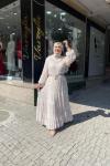 Yakası saten balon kol elbıse Bej
