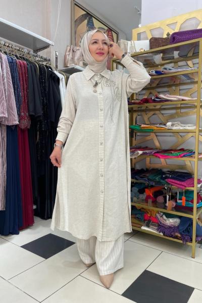 Yakası taşlı keten takım Taş Rengi